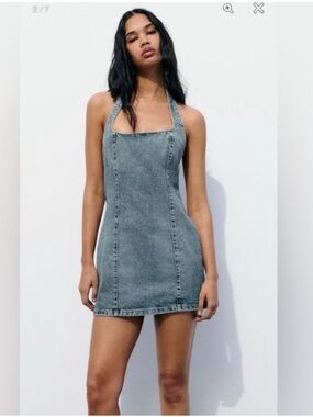 Zara Light Blue Denim Halter Dress